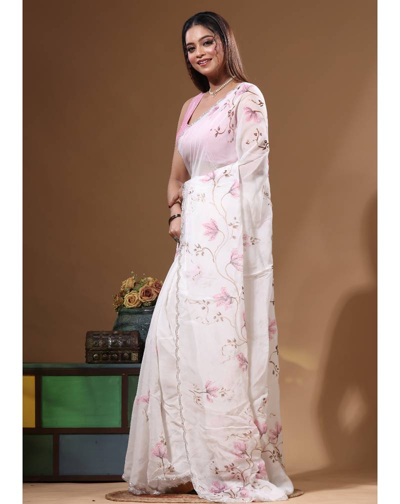 Off-white viscose organza with hand work saree with blouse piece
