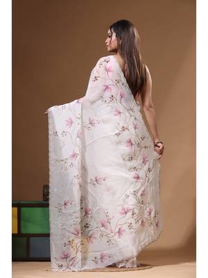 Off-white viscose organza with hand work saree with blouse piece 3
