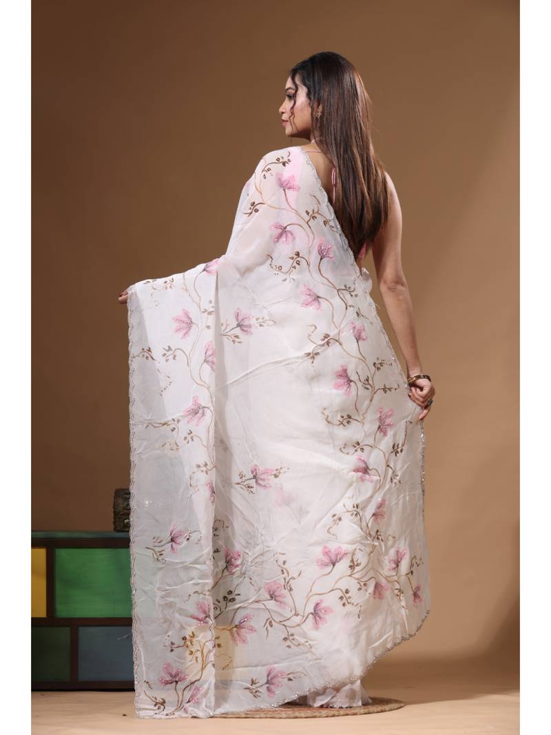 Off-white viscose organza with hand work saree with blouse piece
