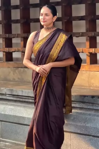 banarasi silk blend brown color women's saree with blouse