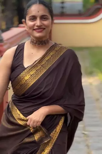 banarasi silk blend brown color women's saree with blouse