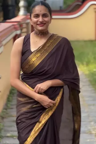 banarasi silk blend brown color women's saree with blouse