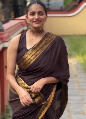 banarasi silk blend brown color women's saree with blouse 4