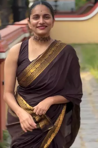 banarasi silk blend brown color women's saree with blouse