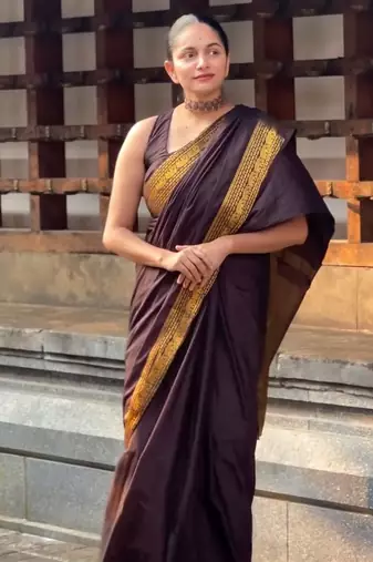 banarasi silk blend brown color women's saree with blouse