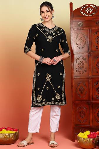 Women black ethnic motifs embroidered chikankari rayon long kurta