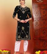Women black ethnic motifs embroidered chikankari rayon long kurta