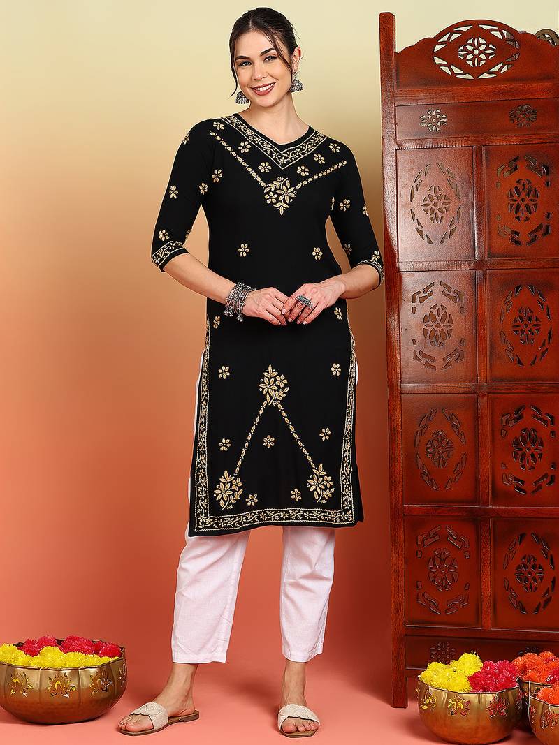 Women black ethnic motifs embroidered chikankari rayon long kurta