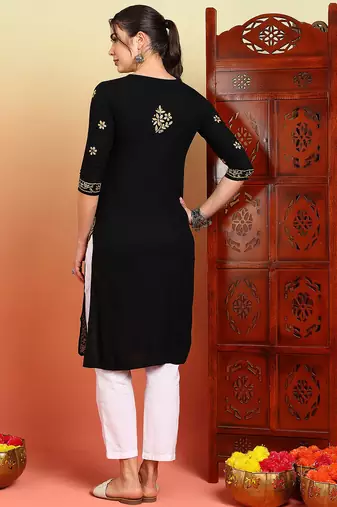 Women black ethnic motifs embroidered chikankari rayon long kurta
