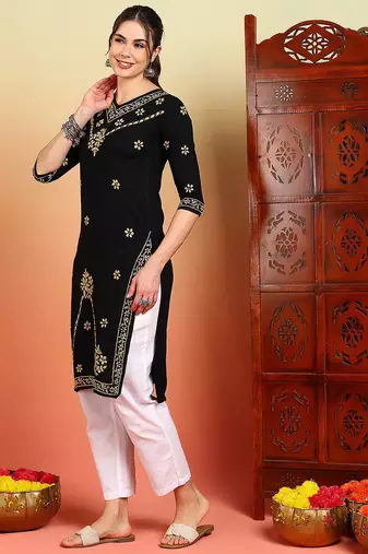 Women black ethnic motifs embroidered chikankari rayon long kurta