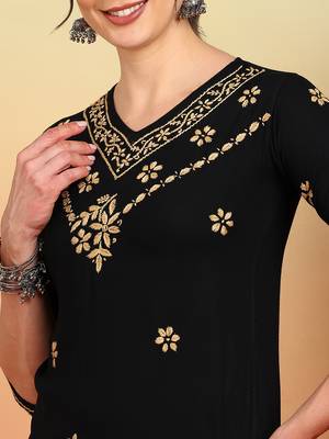 Women black ethnic motifs embroidered chikankari rayon long kurta 4