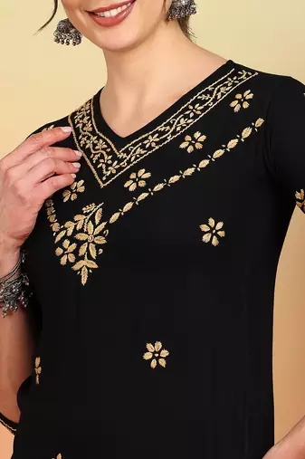 Women black ethnic motifs embroidered chikankari rayon long kurta