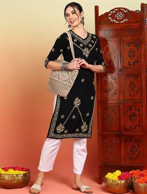 Women black ethnic motifs embroidered chikankari rayon long kurta 5