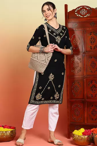 Women black ethnic motifs embroidered chikankari rayon long kurta