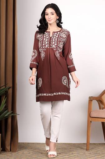 Women dark brown ethnic motifs embroidered chikankari ombre flared kurti