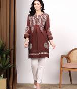 Women dark brown ethnic motifs embroidered chikankari ombre flared kurti