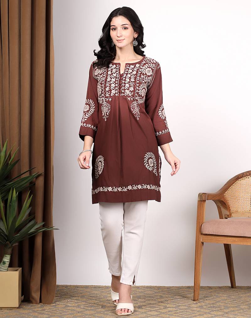 Women dark brown ethnic motifs embroidered chikankari ombre flared kurti