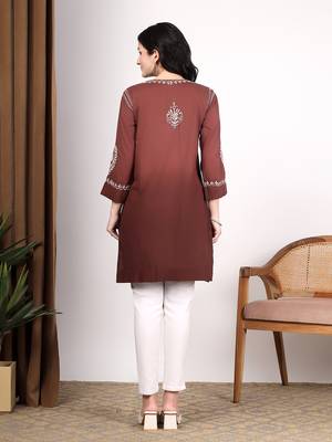 Women dark brown ethnic motifs embroidered chikankari ombre flared kurti 2