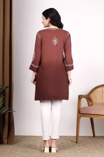 Women dark brown ethnic motifs embroidered chikankari ombre flared kurti