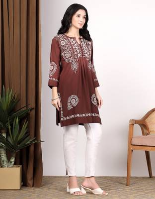 Women dark brown ethnic motifs embroidered chikankari ombre flared kurti 3