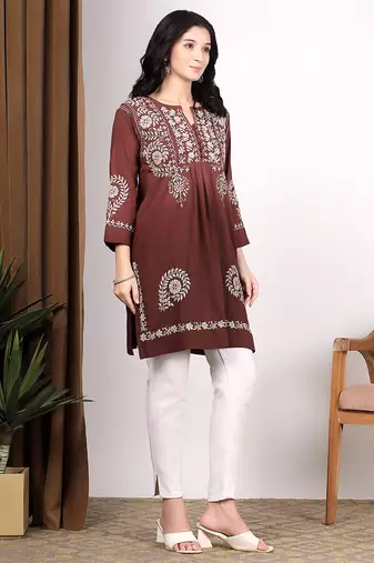 Women dark brown ethnic motifs embroidered chikankari ombre flared kurti