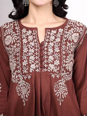 Women dark brown ethnic motifs embroidered chikankari ombre flared kurti 4