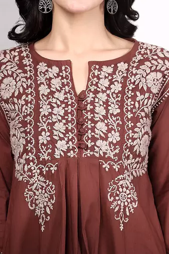 Women dark brown ethnic motifs embroidered chikankari ombre flared kurti