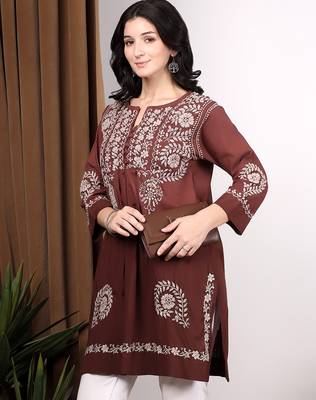 Women dark brown ethnic motifs embroidered chikankari ombre flared kurti 5