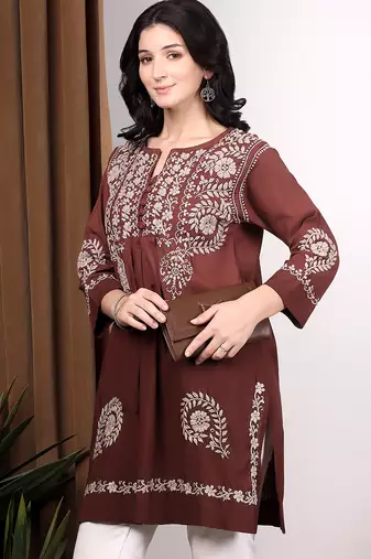 Women dark brown ethnic motifs embroidered chikankari ombre flared kurti