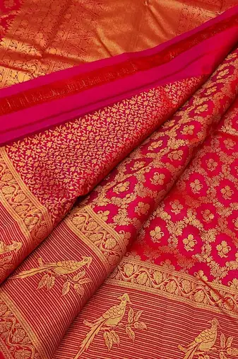 banarasi silk blend pink color woven work saree with blouse