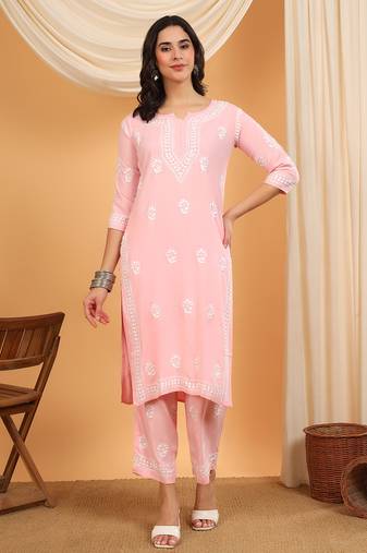 Women pink floral embroidered lucknowi chikankari straight kurta sets