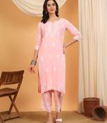 Women pink floral embroidered lucknowi chikankari straight kurta sets