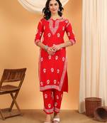 Women red floral embroidered lucknowi chikankari straight kurta sets