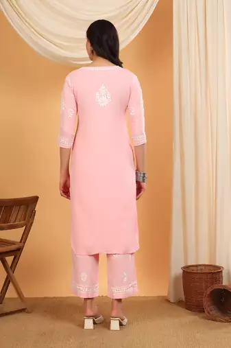 Women pink floral embroidered lucknowi chikankari straight kurta sets