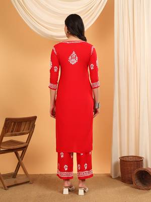 Women red floral embroidered lucknowi chikankari straight kurta sets 2
