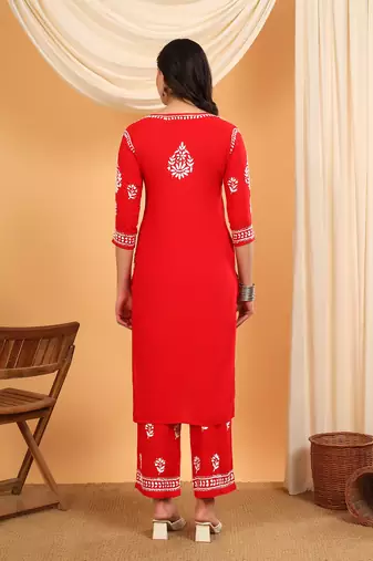 Women red floral embroidered lucknowi chikankari straight kurta sets