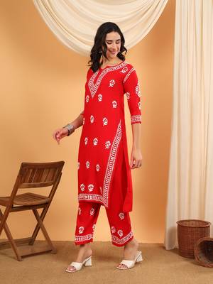 Women red floral embroidered lucknowi chikankari straight kurta sets 3