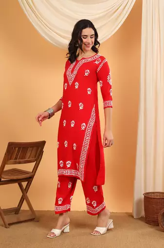 Women red floral embroidered lucknowi chikankari straight kurta sets