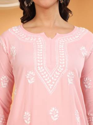 Women pink floral embroidered lucknowi chikankari straight kurta sets 4