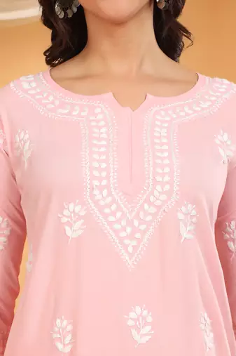 Women pink floral embroidered lucknowi chikankari straight kurta sets