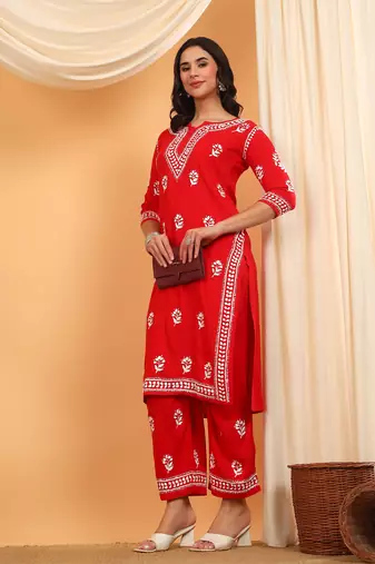 Women red floral embroidered lucknowi chikankari straight kurta sets