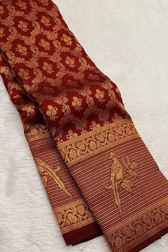 banarasi silk blend brown color woven saree with blouse