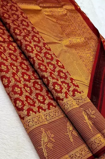 banarasi silk blend brown color woven saree with blouse