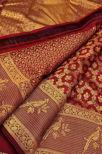 banarasi silk blend brown color woven saree with blouse