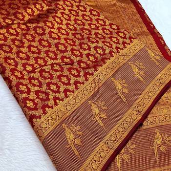 banarasi silk blend brown color woven saree with blouse 4