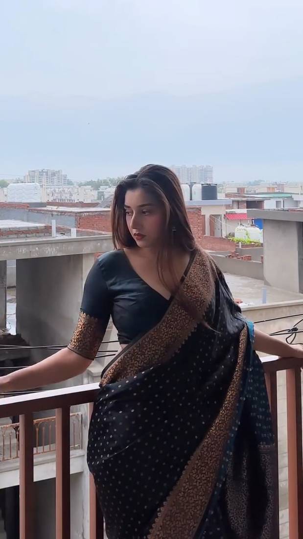 banarasi silk blend black color woven saree with blouse