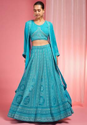 Turquoise Dori And Resham Work Georgette Lehenga Cape Set 1
