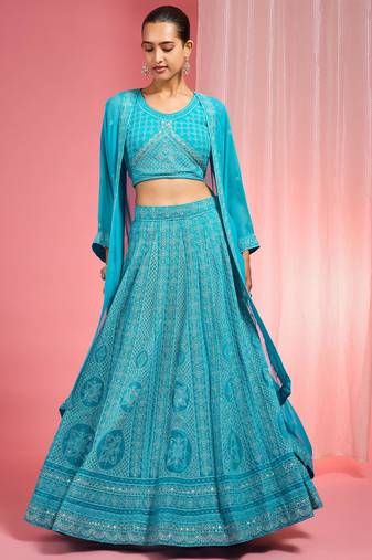 Turquoise Dori And Resham Work Georgette Lehenga Cape Set