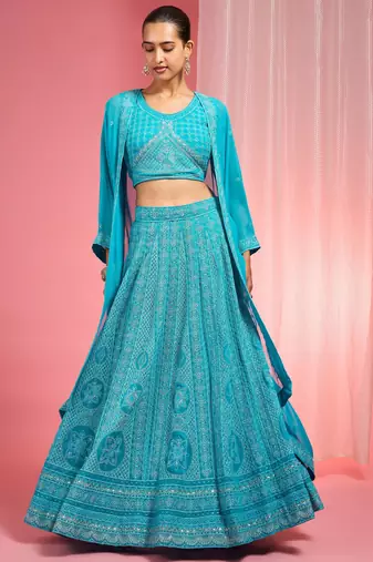 Turquoise Dori And Resham Work Georgette Lehenga Cape Set