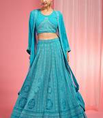 Turquoise Dori And Resham Work Georgette Lehenga Cape Set